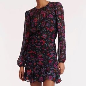 Veronica Beard Robin Floral Long Sleeve Silk Dress - Black Purple Pink - Size 8